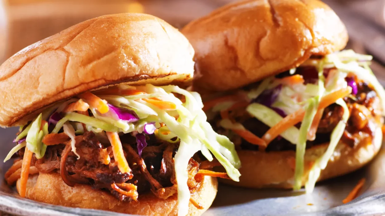 pulled pork sandwiches with bbq sauce and slaw