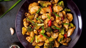 Stir fry with chicken on plate